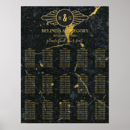 Marble Art Deco Bröllop-sittdiagram i Svarta Guld Poster