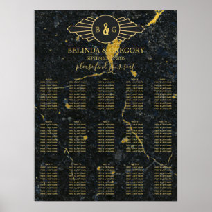 Marble Art Deco Bröllop-sittdiagram i Svarta Guld Poster