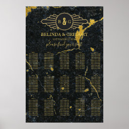 Marble Art Deco Bröllop-sittdiagram i Svarta Guld Poster