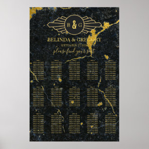 Marble Art Deco Bröllop-sittdiagram i Svarta Guld Poster