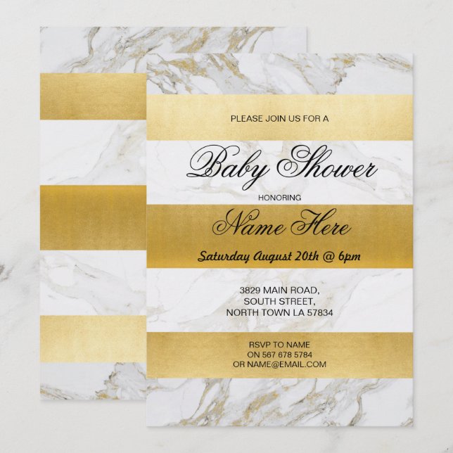 Marble Baby Shower Inbjudan Rand White Guld Party (Fram/baksida)