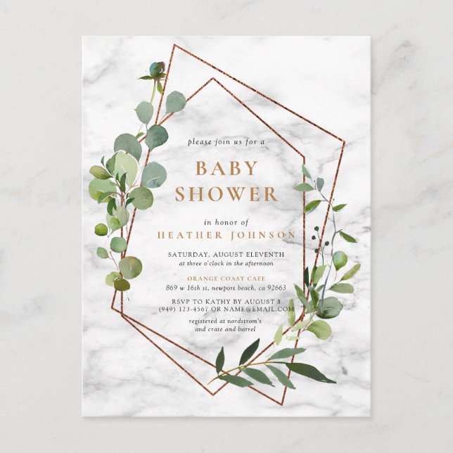 Marble Baby Shower med koppargeometrisk eukalyptus Meddelande Vykort (Framsida)