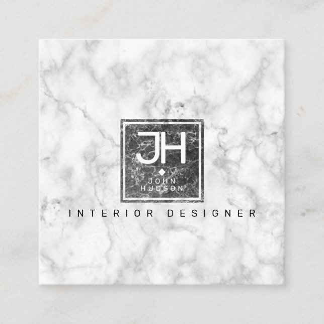 Marble Background Black and White Modern Monogram Fyrkantigt Visitkort (Framsida)