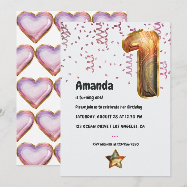Marble Balloon 1:a födelsedagsinbjudan Inbjudningar (Fram/baksida)
