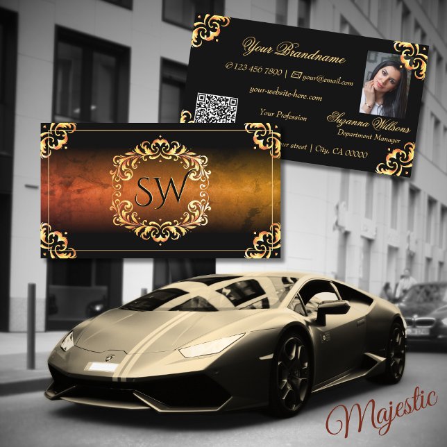 Marble Black and Guld Decor Monogram Photo QR-kod Visitkort (Skapare uppladdad)