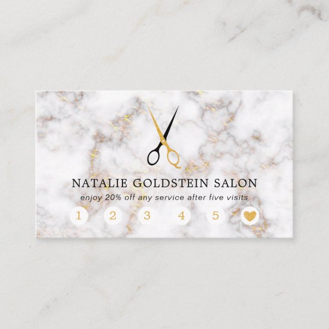 Marble Black and Guld Sissors Salon Loyalty Card Visitkort (Framsida)