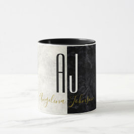 Marble Black and White Minimalist Modern Initialer Mugg