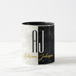Marble Black and White Minimalist Modern Initialer Mugg
