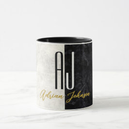 Marble Black and White Minimalist Modern Initialer Mugg