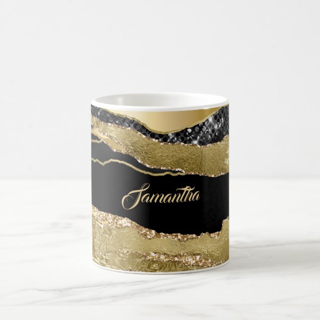 Marble Black guld agate glitter namn tuftad chic Kaffemugg (Center)