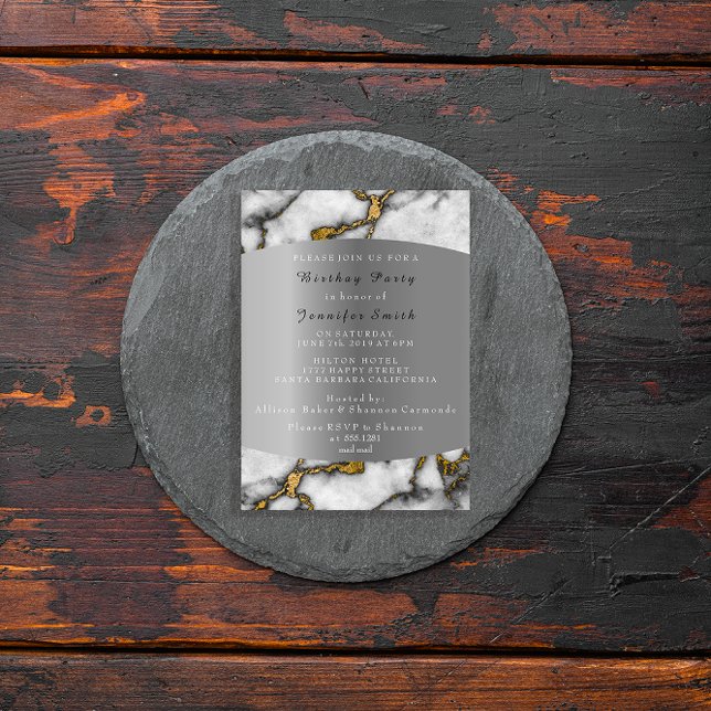 Marble Black Guld Silver Grått Födelsedagsfest,  Inbjudningar (Marble Black Gold Silver Gray Event Birthday Party Invitation)