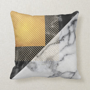 Marble Black Guld Silver Squares Geometry Linear Kudde