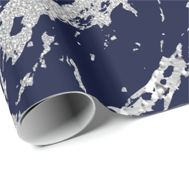 Marble Blue Navy Silver Grått Strokes Abstrakt VIP Presentpapper (Rullad Hörn)