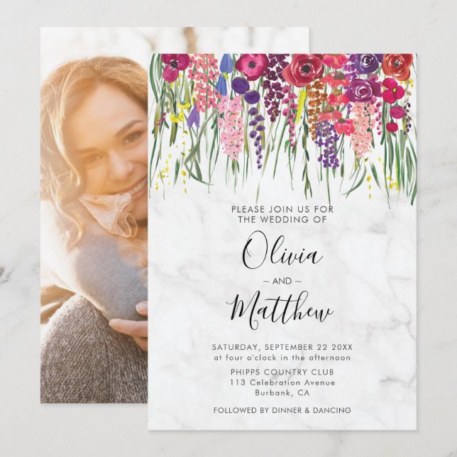 Marble Boho Acrylic Flowers Photo Bröllop Inbjudningar (Fram/baksida)