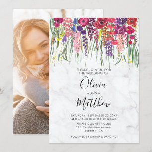 Marble Boho Acrylic Flowers Photo Bröllop Inbjudningar