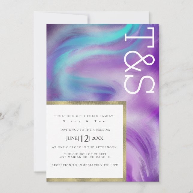 Marble Bold Mint Lila Blå Typografi Bröllop Inbjudningar (Framsida)