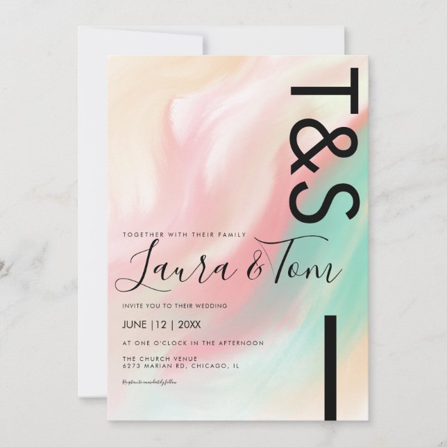Marble Bold Rosa Turkos Peach Typografi Bröllopsin Inbjudningar (Framsida)