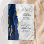 Marble Bröllop Meny<br><div class="desc">Den moderna bröllop-menyn på den lämnat kant i eleganten har en marin blå vattenfärg som ruttnar gräns med faux guld glitter. Anpassadet kombinerar handskriftsskript för guld-färgad och svartfärgsteckensnitt för grått och vit marmorbakgrund. Den omvända sidan har en matchande marin blå och guld-agate-design.</div>