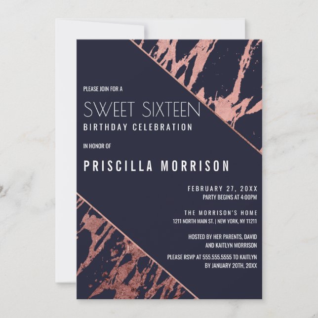 Marble Diagonal Sweet 16, marmor, blå Ro Guld Inbjudningar (Framsida)