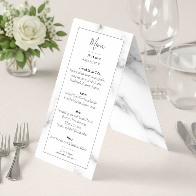 Marble-effekt petar bröllopsmottagningsmeny kort (Marble effect petals wedding reception menu.)