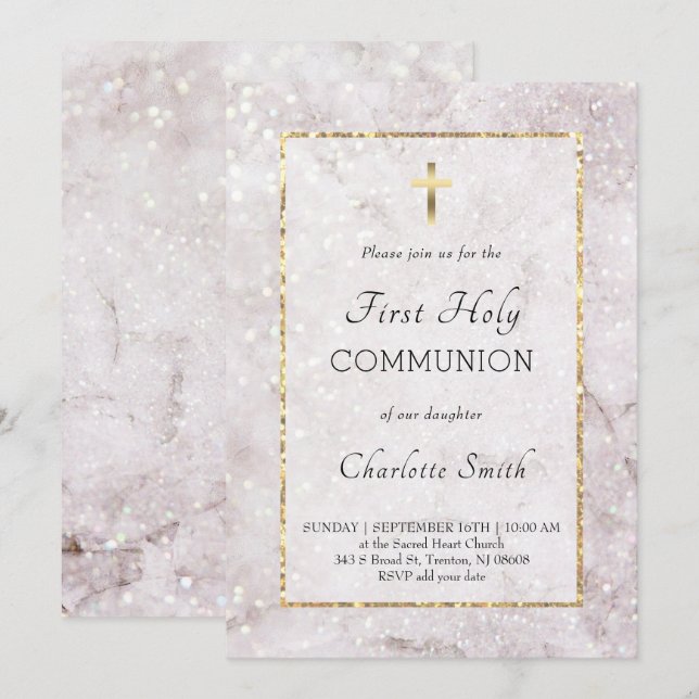 marble elegant First Communion-inbjudan Inbjudningar (Fram/baksida)