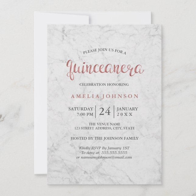 Marble Fals Rosa Guld Quinceanera Inbjudan (Framsida)