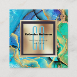 Marble faux guld blue grönt square monogram chic fyrkantigt visitkort