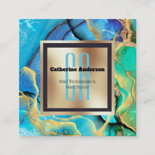 Marble faux guld blue grönt square monogram chic fyrkantigt visitkort