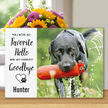 Marble Favorite Hej Hardest Adjö Pet Memorial<br><div class="desc">Gratulera till din bästa vän och omhulda dina värdefulla minnen med en unik anpassningsbar-minnen och håll hund plack i en modern, vit marmordesign. Den här fotoplaketten är perfekten till dig själv, familjen eller vänner för att hedra de älskade. Vi hoppas att er minnesplatta hund kommer att ge er glädje, fred...</div>