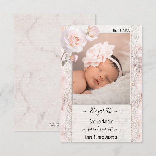 Marble Flicka Photo Birth Announcement Card Tack Kort (Fram/baksida)