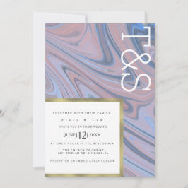 Marble Flytande Rodnad Blå Guld Typografi Bröllop Inbjudningar
