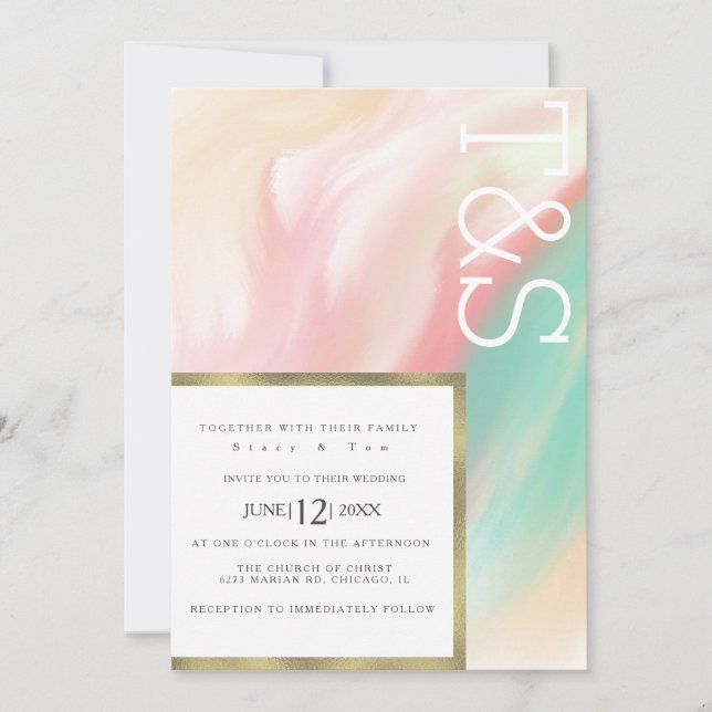 Marble Fold Rosa Teal Peach Typography Bröllop Inbjudningar (Framsida)