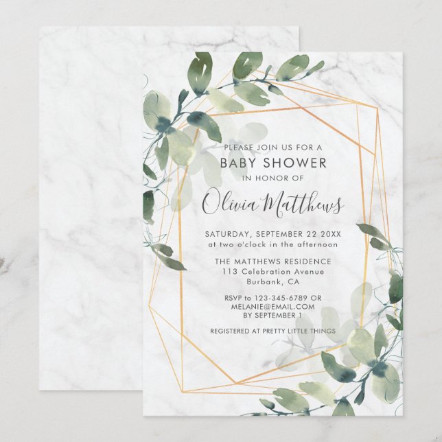 Marble Geometric Guld Eucalyptus Baby Shower Inbjudningar (Fram/baksida)