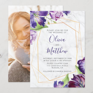 Marble Geometric Guld Lila Tulips Photo Bröllop Inbjudningar