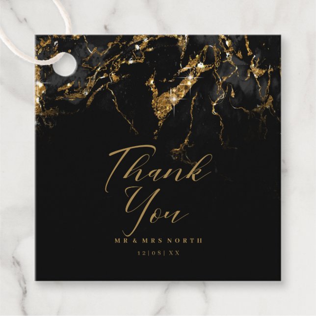 Marble Glitter Bröllop,, Black Guld ID644 Gåvor Etiketter (Framsida)