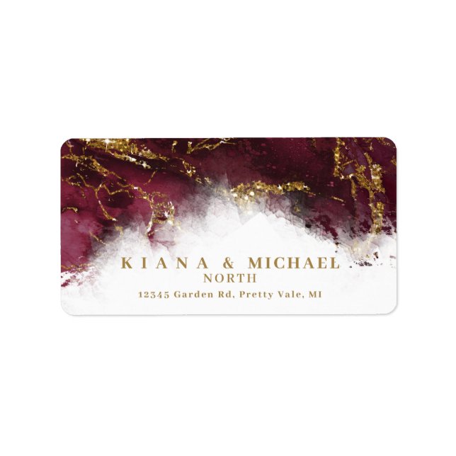 Marble Glitter Bröllop Burgundy Guld ID644 Adressetikett (Framsidan)