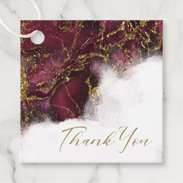 Marble Glitter Bröllop Burgundy Guld ID644 Gåvor Etiketter (Framsida)