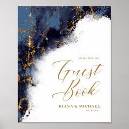 Marble Glitter Bröllop Guests Navy Blue Guld ID644 Poster