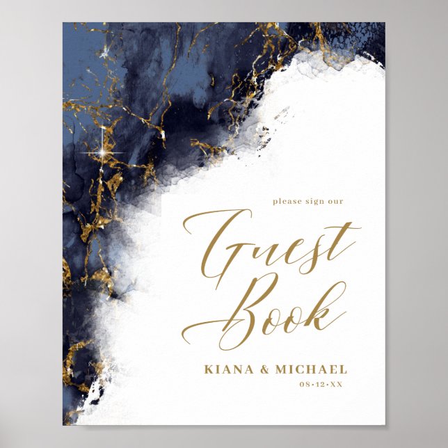 Marble Glitter Bröllop Guests Navy Blue Guld ID644 Poster (Framsidan)