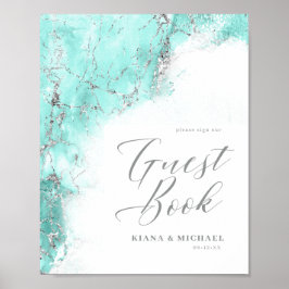 Marble Glitter Bröllop Guests Teal Silver ID644 Poster