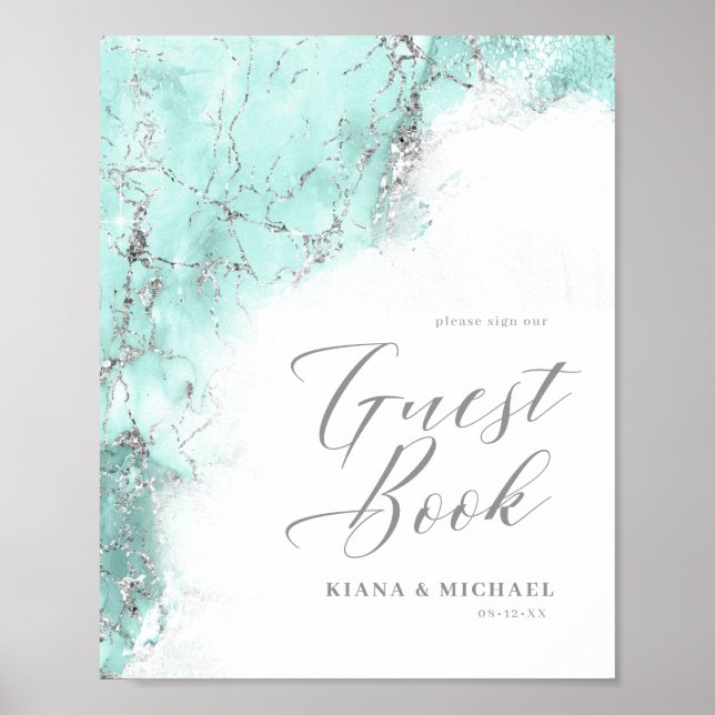 Marble Glitter Bröllop Guests Teal Silver ID644 Poster (Framsidan)