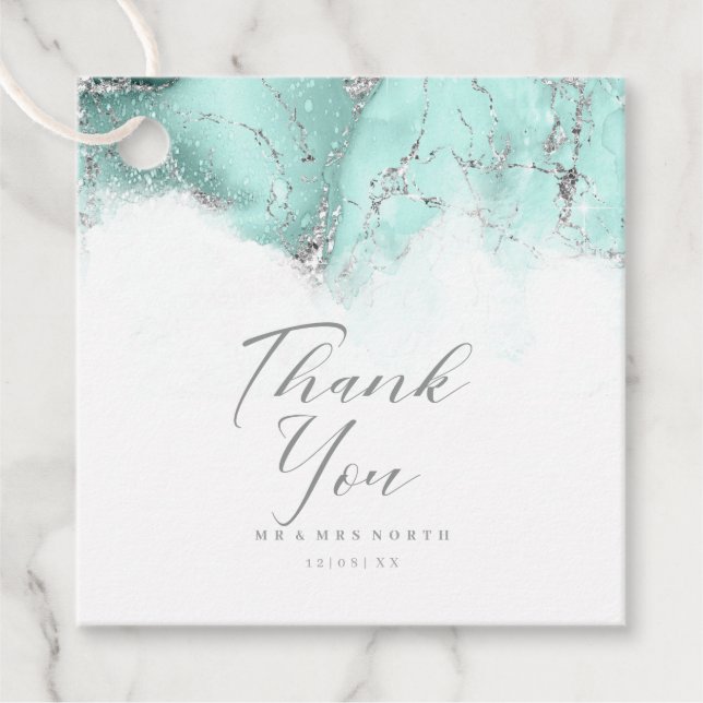 Marble Glitter Bröllop Tack Teal Silver ID644 Gåvor Etiketter (Framsida)
