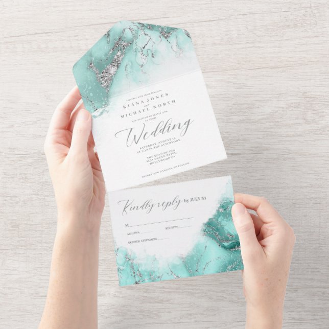 Marble Glitter Bröllop Teal/Silver ID644 (Tearaway)