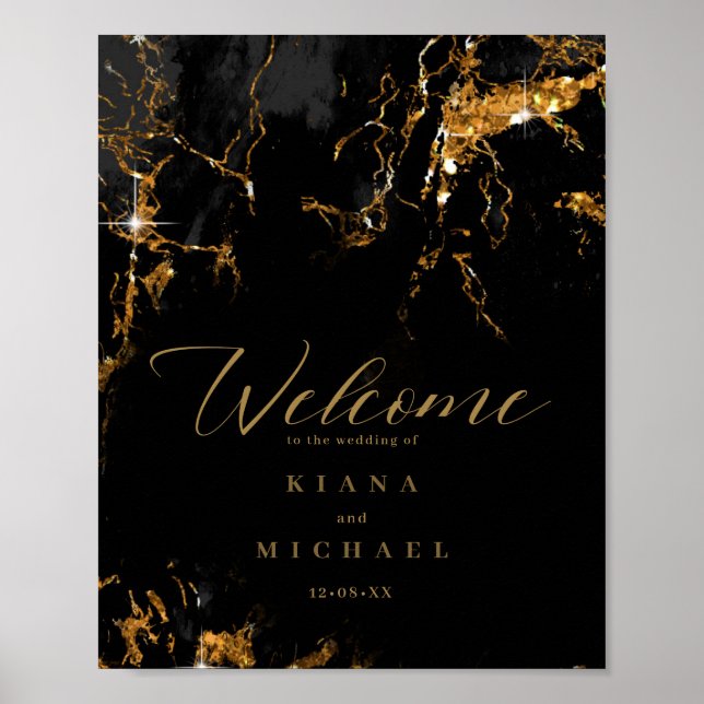 Marble Glitter Bröllop Välkommen Black Guld ID644 Poster (Framsidan)