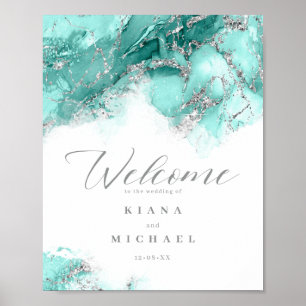 Marble Glitter Bröllop Welcome Teal Silver ID644 Poster