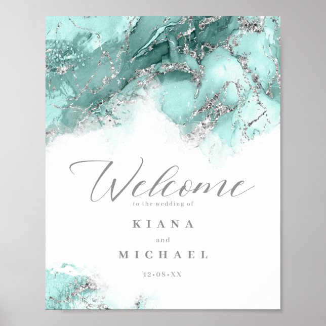 Marble Glitter Bröllop Welcome Teal Silver ID644 Poster (Framsidan)