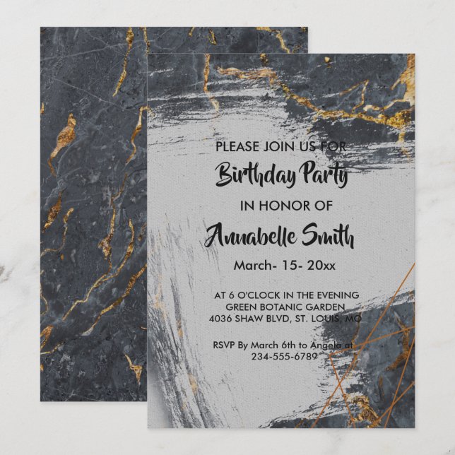 Marble Glitter Geometric Birthday Inbjudningar (Fram/baksida)