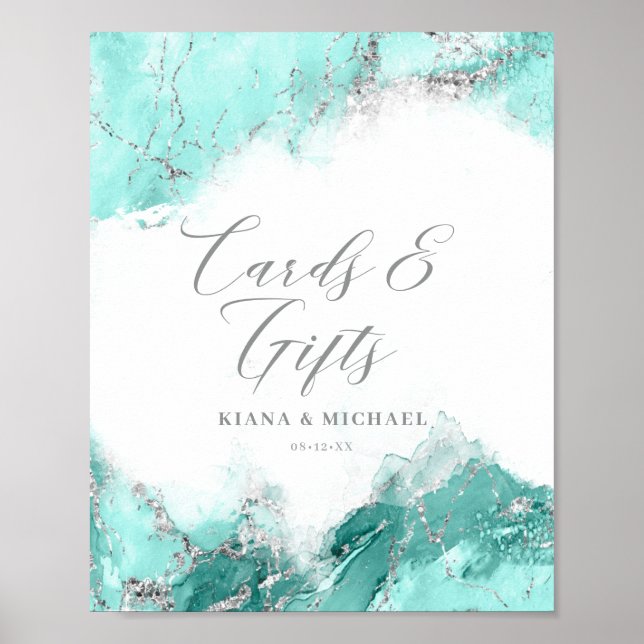 Marble Glitter-kort och presentkort Teal Silver ID Poster (Framsidan)