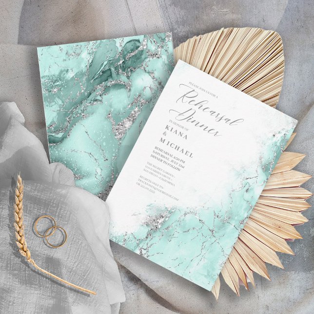 Marble Glitter Rehearsal Teal Silver ID644 Inbjudningar (Front/Back In Situ)