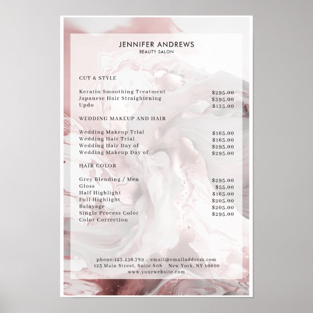 Marble Glitter Salon Pris List Poster (Framsidan)